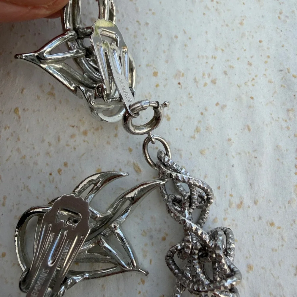 VTG Emmons Silver Tone Feather Leaf Link Clip Earrings & Bracelet Or Dress Clip